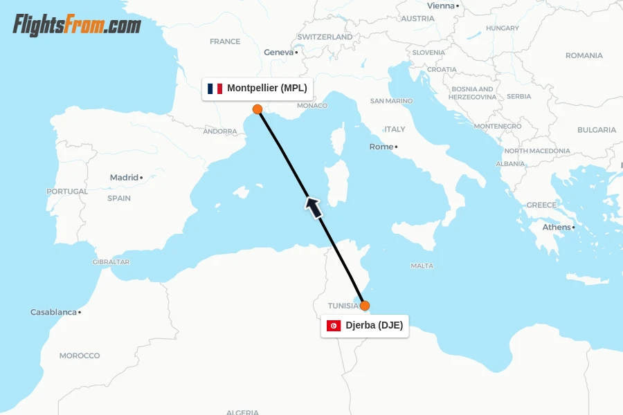 Flights from Djerba to Montpellier route map