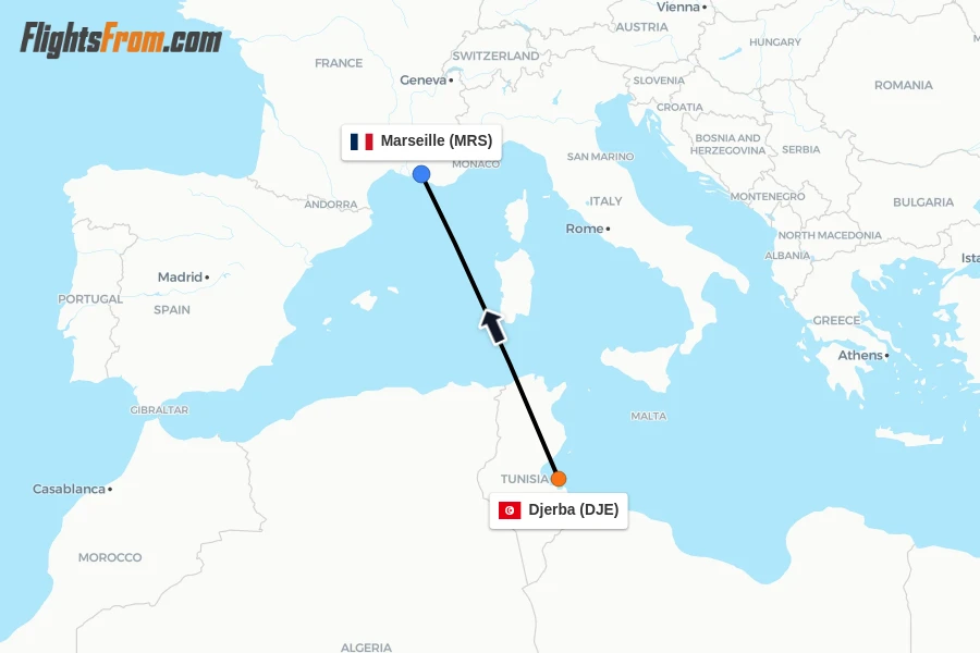 Flights from Djerba to Marseille route map