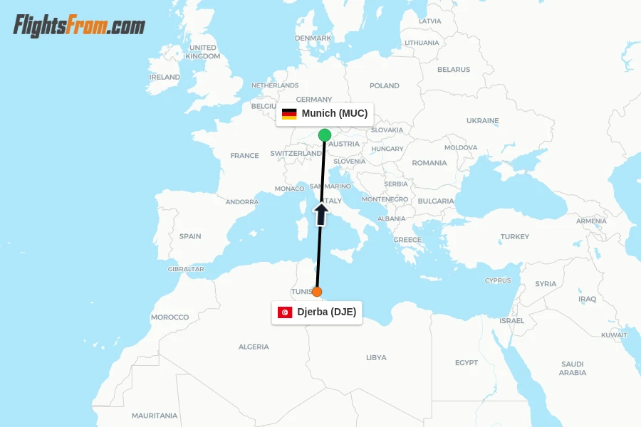 Flights from Djerba to Munich route map