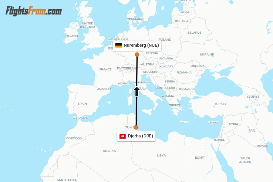 Flights from Djerba to Nuremberg route map