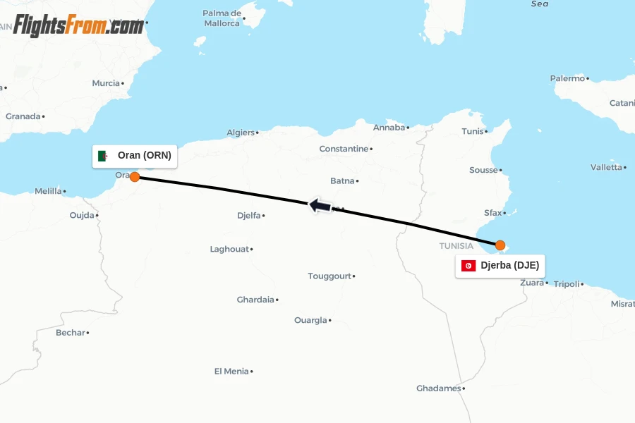 Flights from Djerba to Oran route map