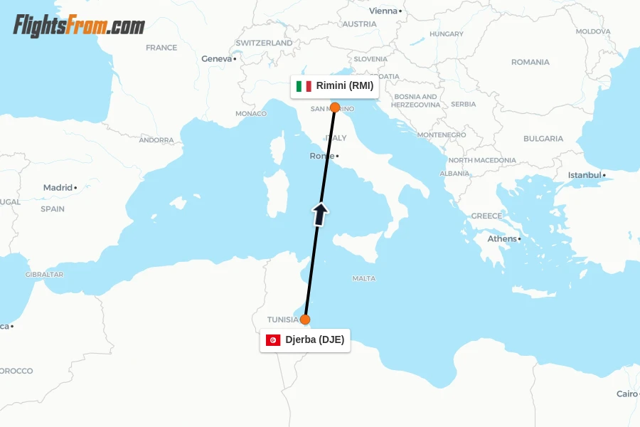 Flights from Djerba to Rimini route map