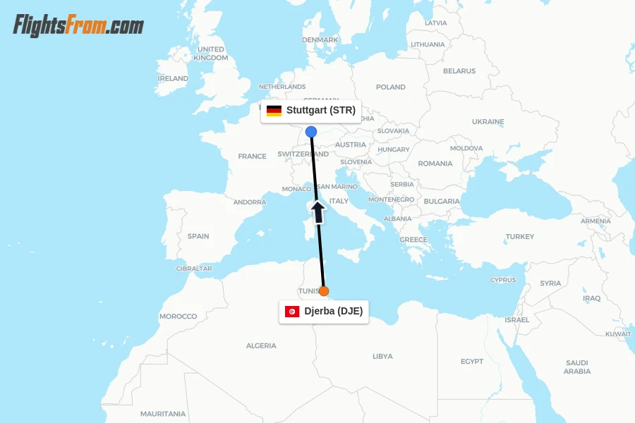 Flights from Djerba to Stuttgart route map