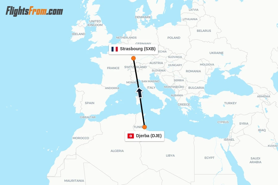 Flights from Djerba to Strasbourg route map