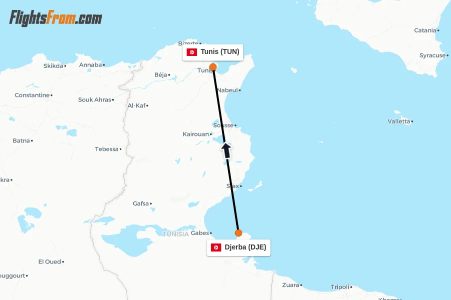 Flights from Djerba to Tunis route map