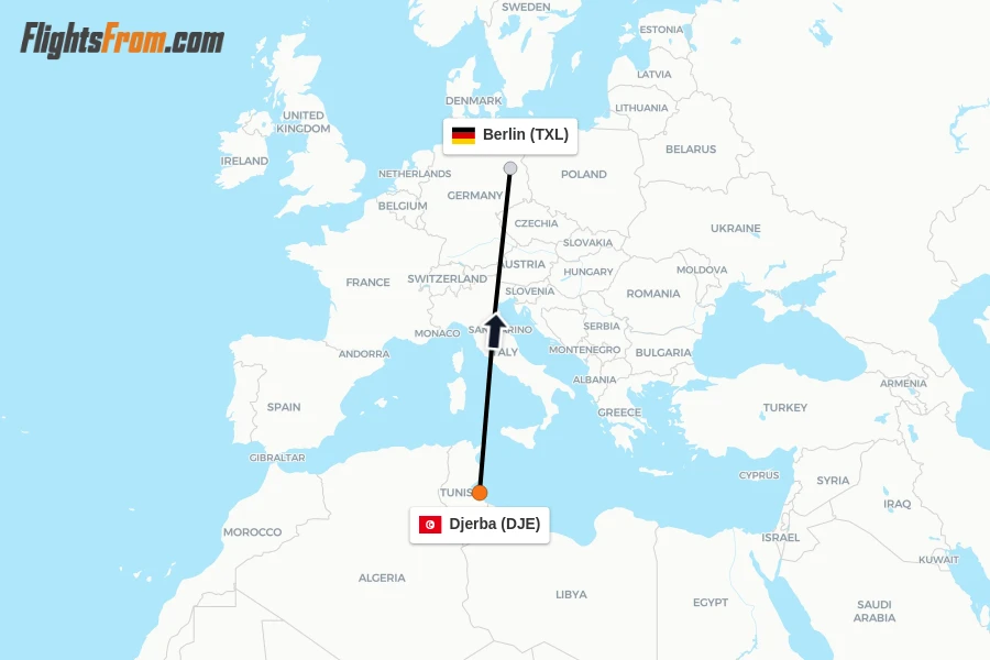 Flights from Djerba to Berlin route map