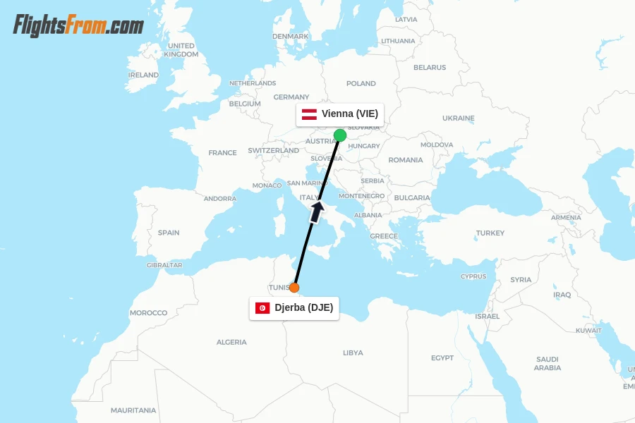 Flights from Djerba to Vienna route map