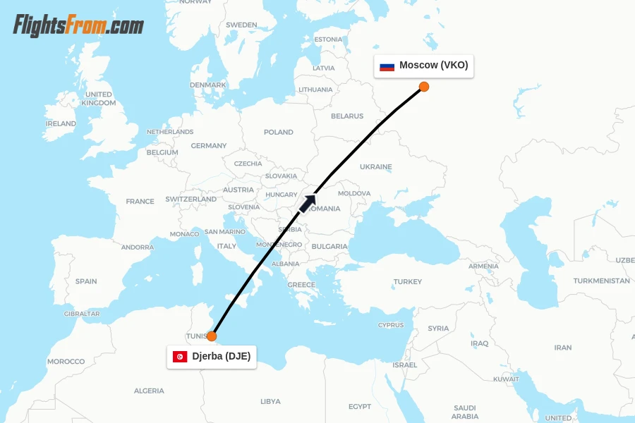 Flights from Djerba to Moscow route map