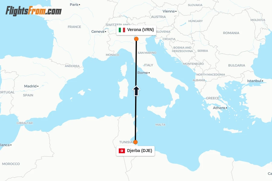 Flights from Djerba to Verona route map