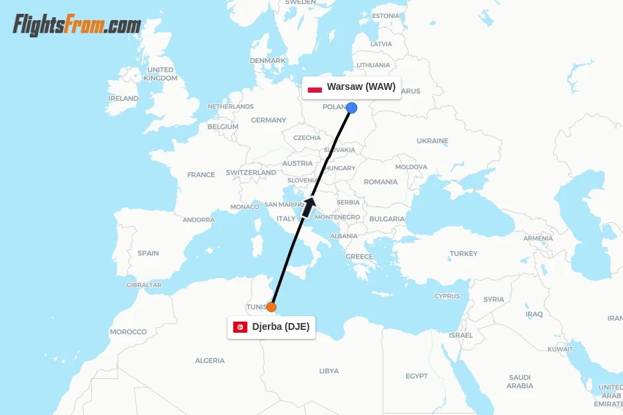 Flights from Djerba to Warsaw route map