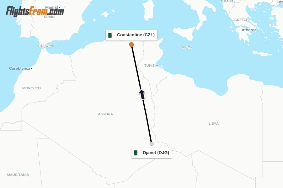 Flights from Djanet to Constantine route map