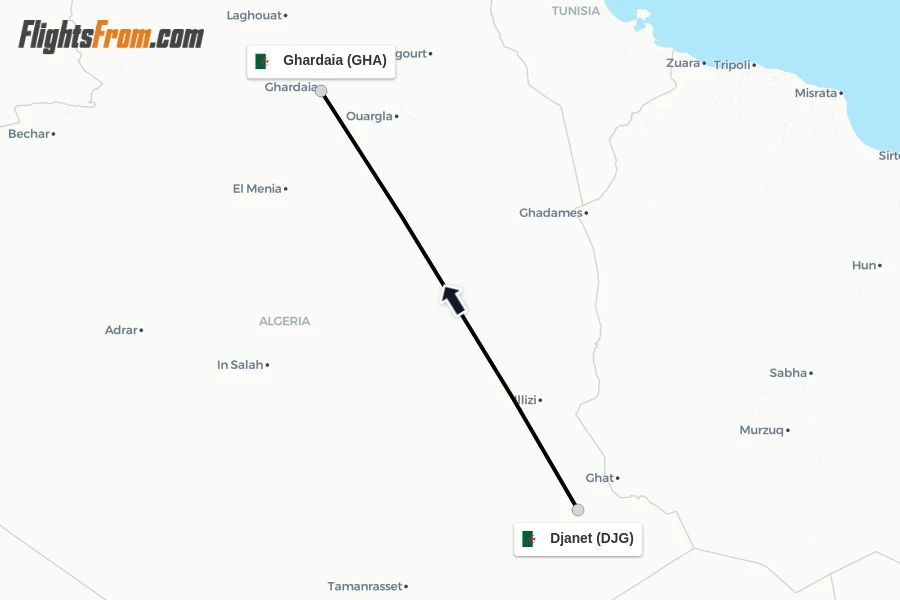 Flights from Djanet to Ghardaia route map