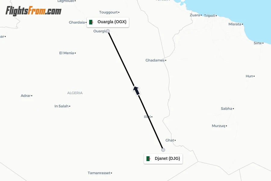 Flights from Djanet to Ouargla route map