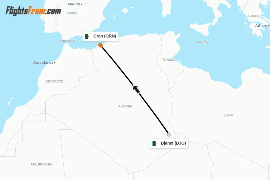 Flights from Djanet to Oran route map