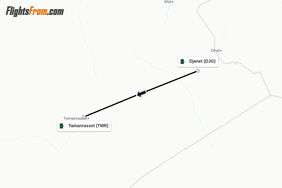 Flights from Djanet to Tamanrasset route map