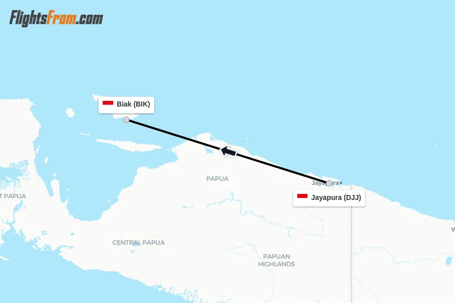 Flights from Jayapura to Biak route map