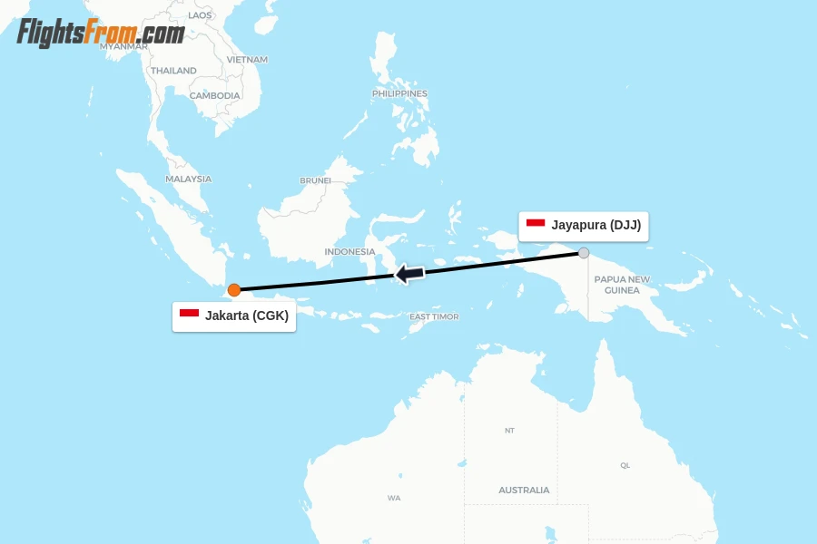 Flights from Jayapura to Jakarta route map