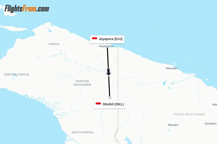Flights from Jayapura to Oksibil route map