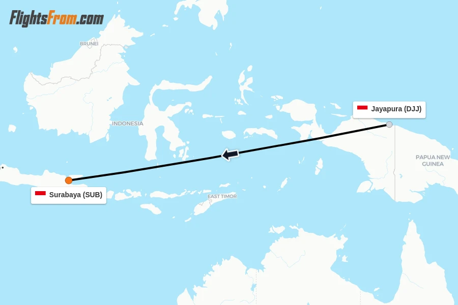 Flights from Jayapura to Surabaya route map