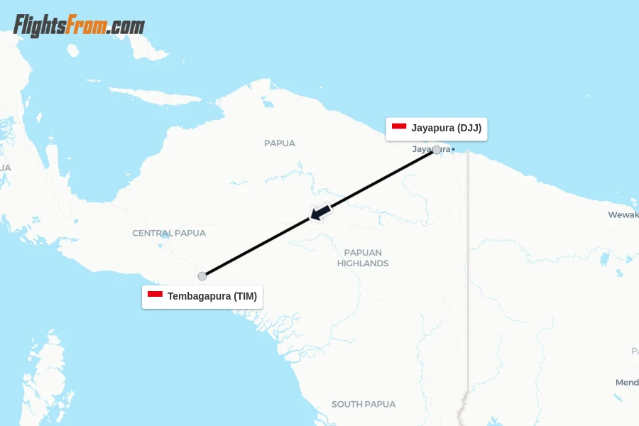 Flights from Jayapura to Tembagapura route map