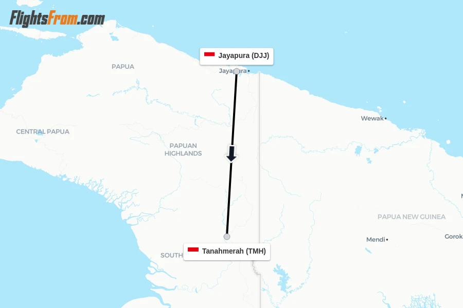 Flights from Jayapura to Tanahmerah route map