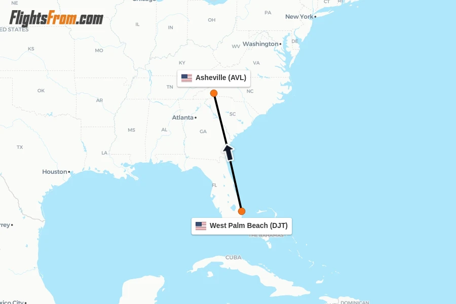 Flights from West Palm Beach to Asheville route map
