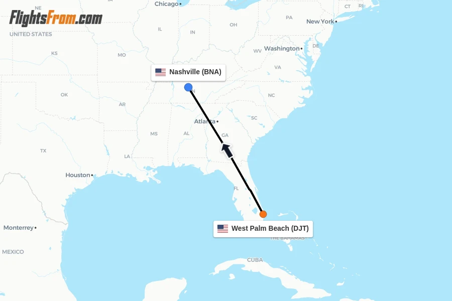 Flights from West Palm Beach to Nashville route map