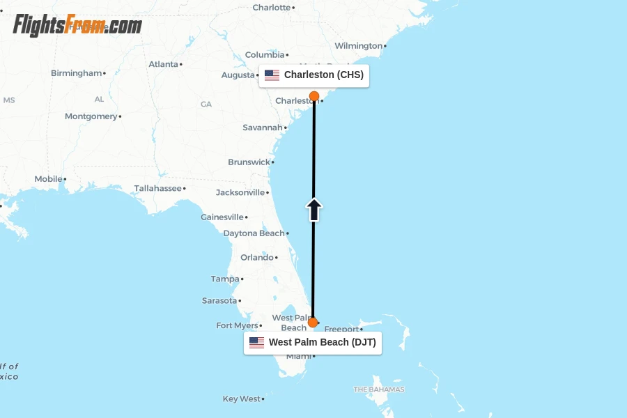 Flights from West Palm Beach to Charleston route map