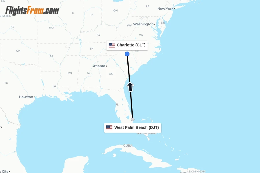 Flights from West Palm Beach to Charlotte route map