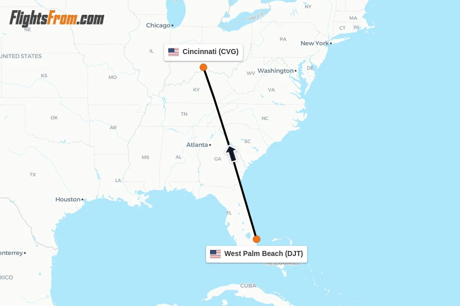 Flights from West Palm Beach to Cincinnati route map
