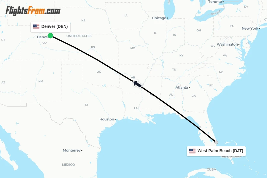 Flights from West Palm Beach to Denver route map