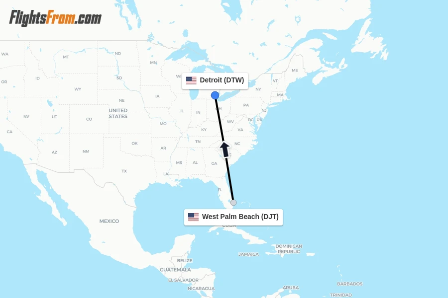 Flights from West Palm Beach to Detroit route map