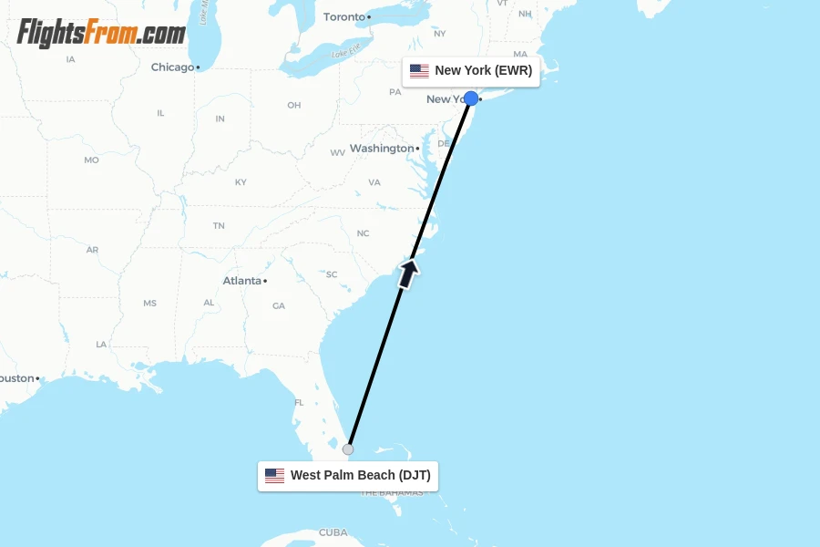 Flights from West Palm Beach to New York route map