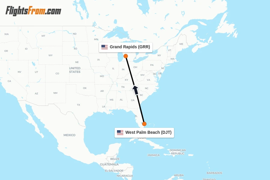 Flights from West Palm Beach to Grand Rapids route map