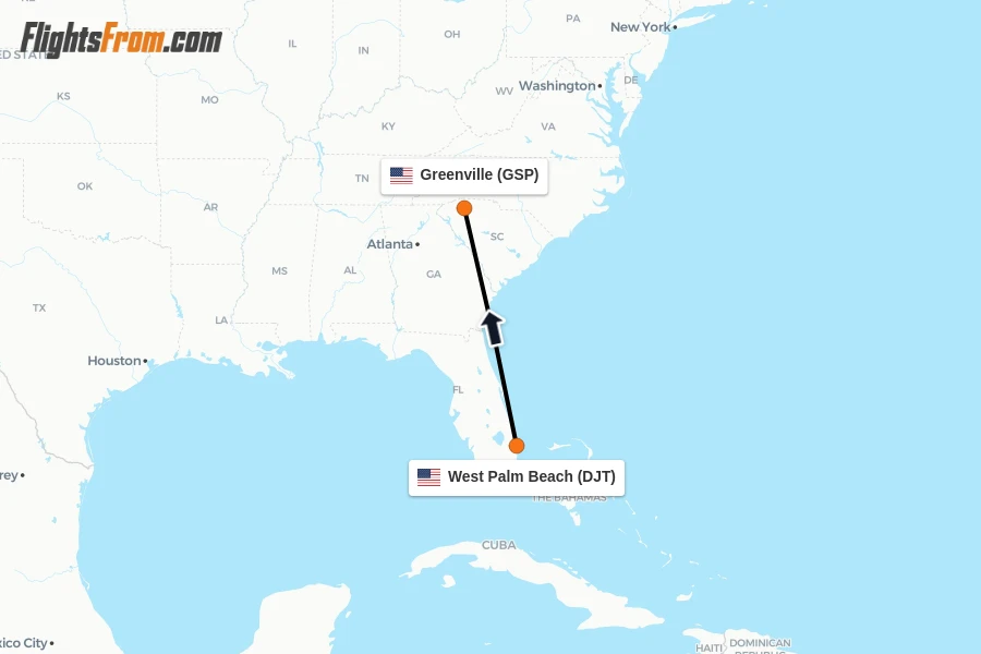 Flights from West Palm Beach to Greenville route map