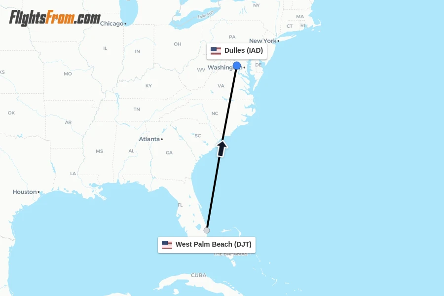 Flights from West Palm Beach to Dulles route map