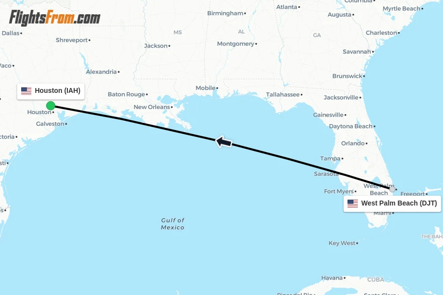 Flights from West Palm Beach to Houston route map