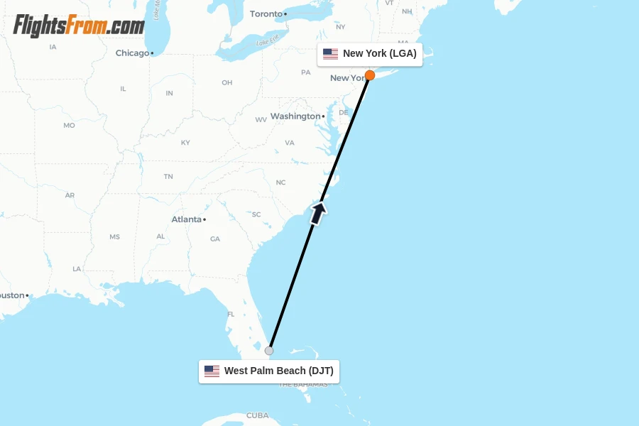 Flights from West Palm Beach to New York route map