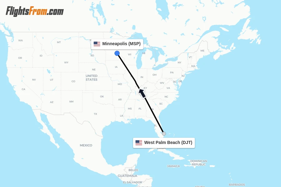 Flights from West Palm Beach to Minneapolis route map