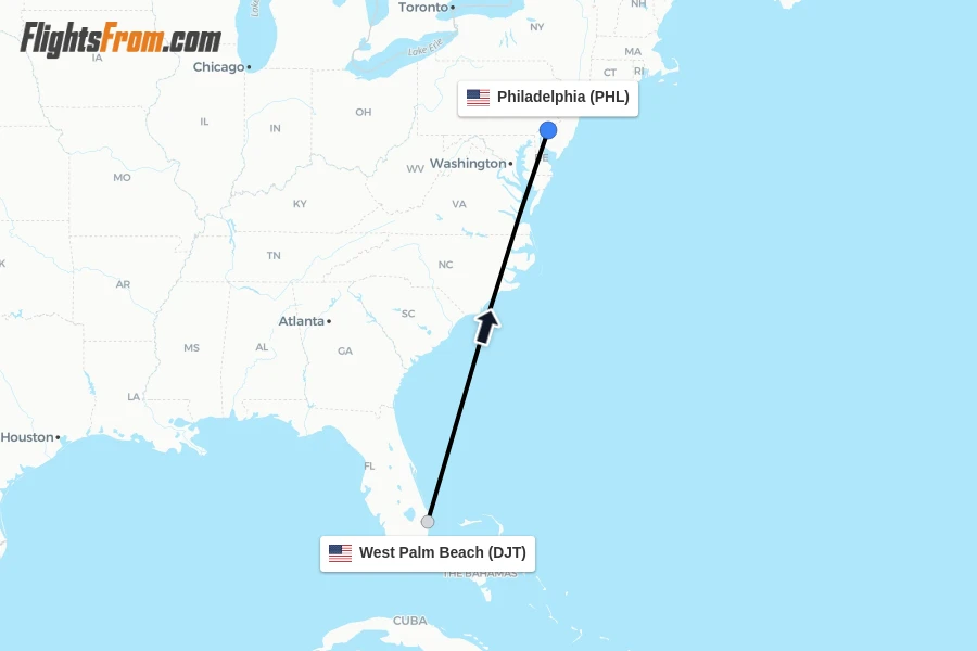 Flights from West Palm Beach to Philadelphia route map