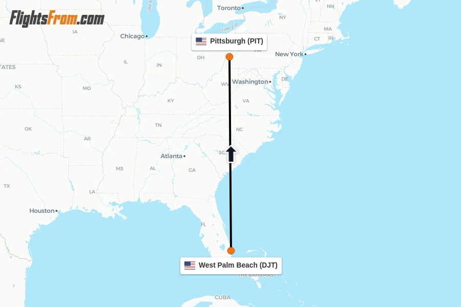 Flights from West Palm Beach to Pittsburgh route map
