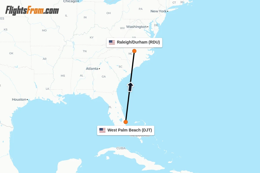 Flights from West Palm Beach to Raleigh/Durham route map