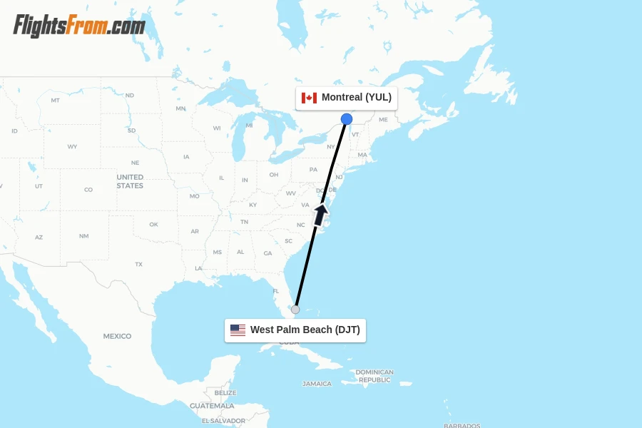 Flights from West Palm Beach to Montreal route map
