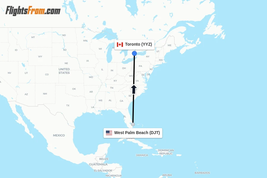 Flights from West Palm Beach to Toronto route map
