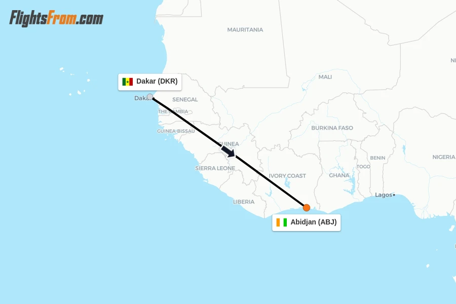 Flights from Dakar to Abidjan route map