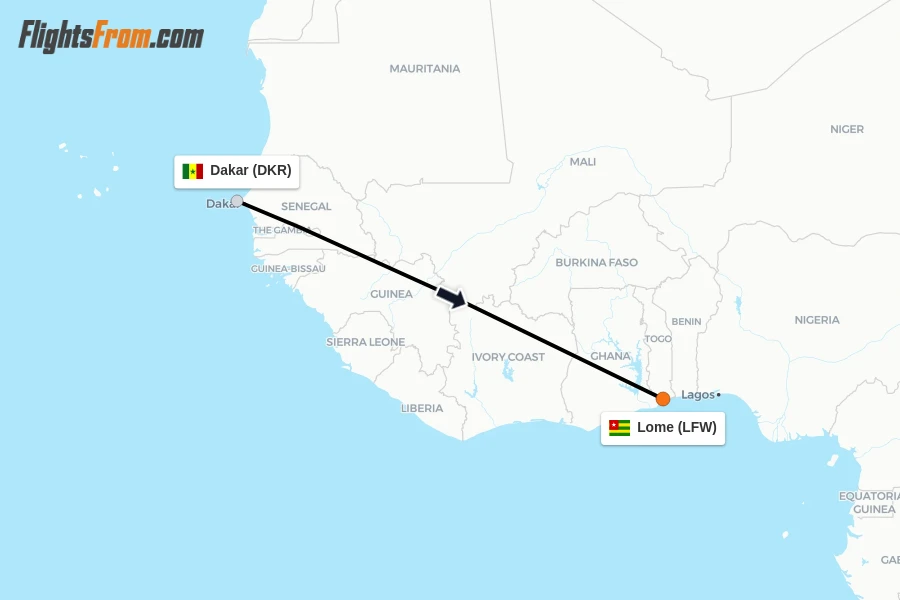 Flights from Dakar to Lome route map