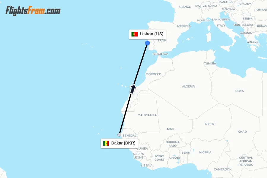 Flights from Dakar to Lisbon route map