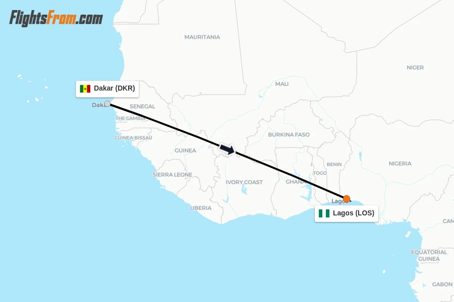 Flights from Dakar to Lagos route map