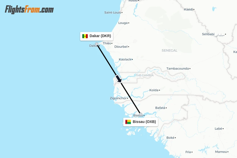 Flights from Dakar to Bissau route map