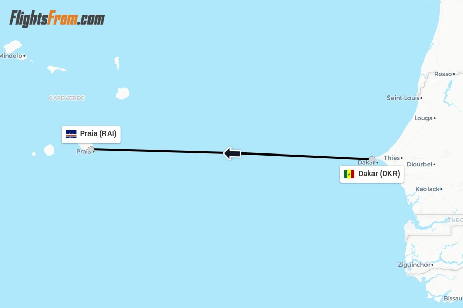 Flights from Dakar to Praia route map